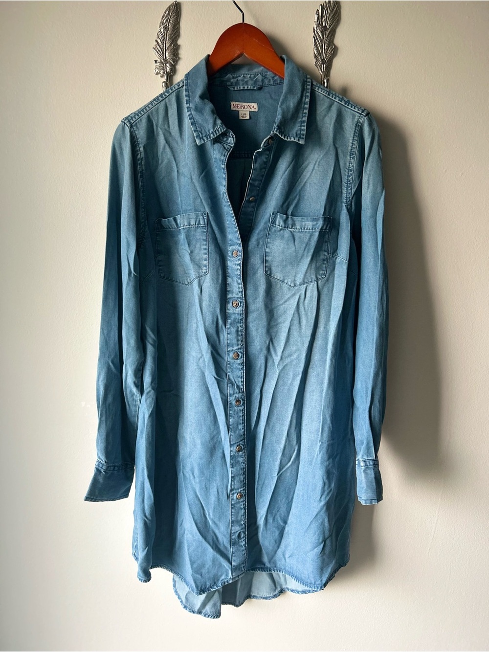 MERONA Chambray 100% Lyocell Button Front Shirt Dress Tunic Blue Large - Picture 2 of 6